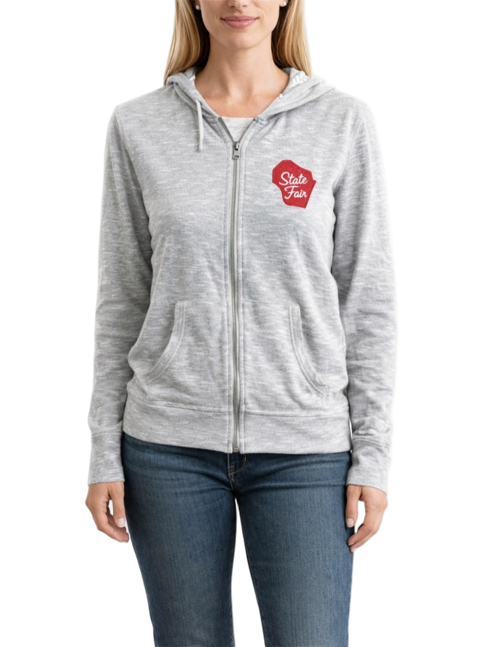 grey wisconsin state fair zip up hoodie with red logo